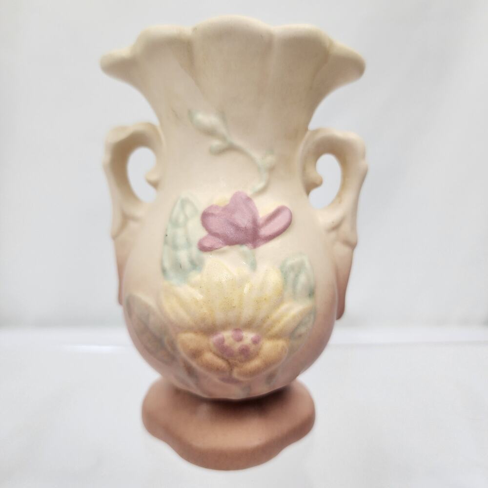 Vintage Hull Pottery Rose Pattern 2-Handle Mini Vase Cream Pink Yellow 5" USA